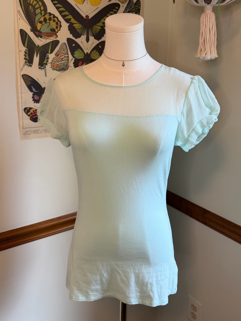 Express Mint Green Chiffon Yoke Puff Sleeve Tee